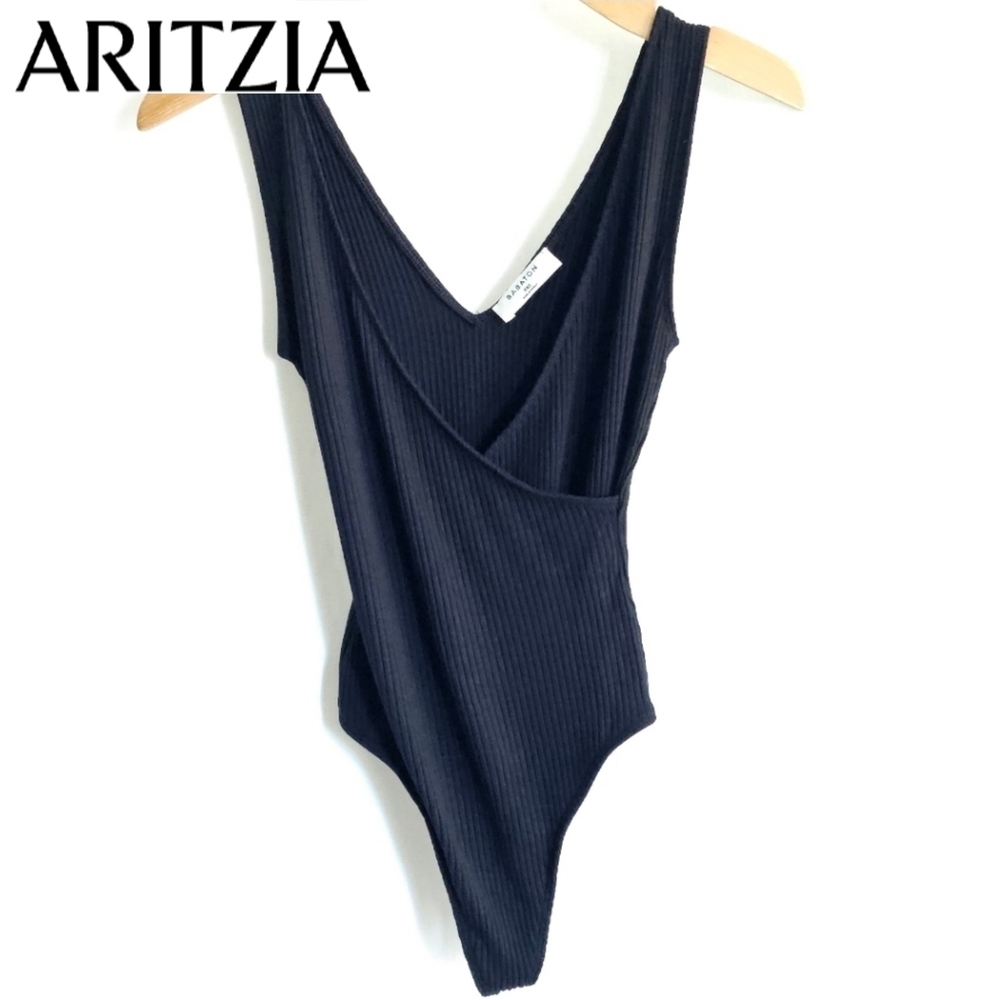 🇨🇦 Aritzia Babaton Black Sleeveless Faux Wrap Rib Bodysuit